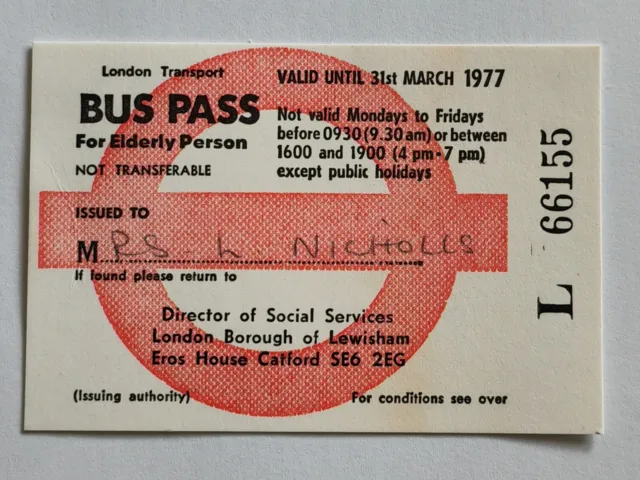 London Transport 1977 Elderly Person Bus Pass