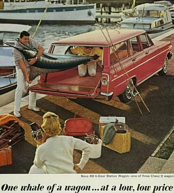 Vintage Print Car Ad Chevy Nova Station Wagon Fishing Marlin Trunk Marina Harbor