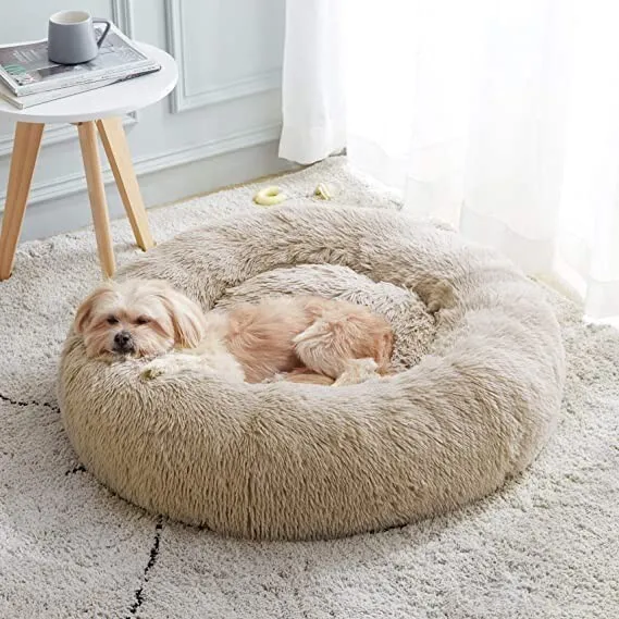 Calming Dog Bed & Cat Bed, Anti-Anxiety Donut Dog Cuddler Bed 20" Beige