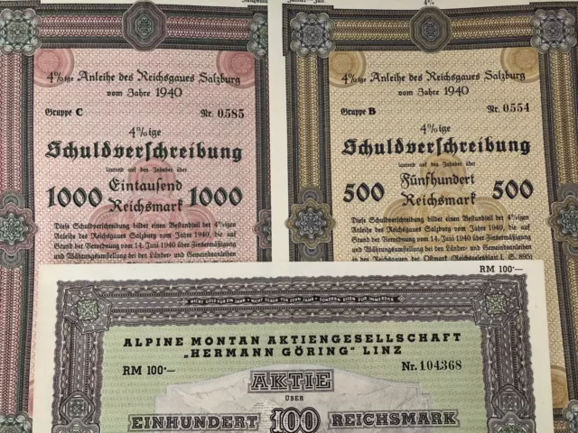 3 x Anleihe des Reichsgaues und Hermann Göring Linz Aktiengesellschaft -1939-/40