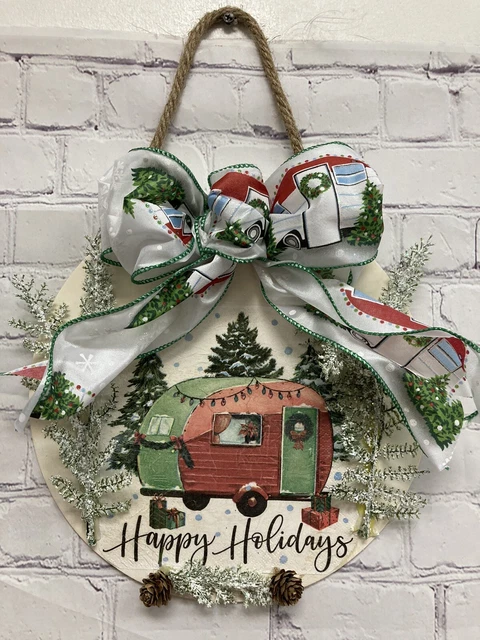 Happy Holidays Camper Christmas sign handmade Wall Door round sign  10” New