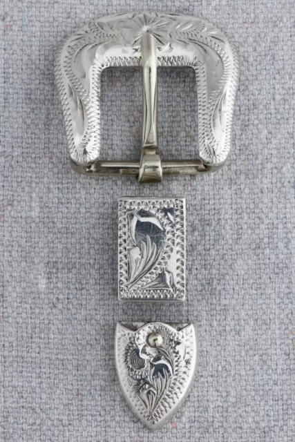 Vintage Mexican Engraved Sterling Silver Belt Buckle Set Southwestern Hat Band