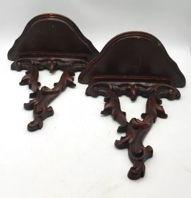 Pair 2 Syracuse Syroco Wood Wall Sconce Shelf Dark Hand Carved Look Florentine