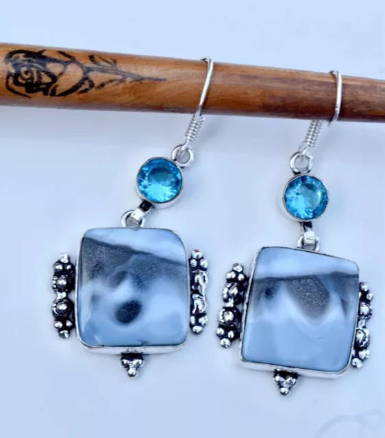 Blue Lace Agate  & Topaz 925 Sterling Silver Gemstone Jewelry Earring Size-1.50"