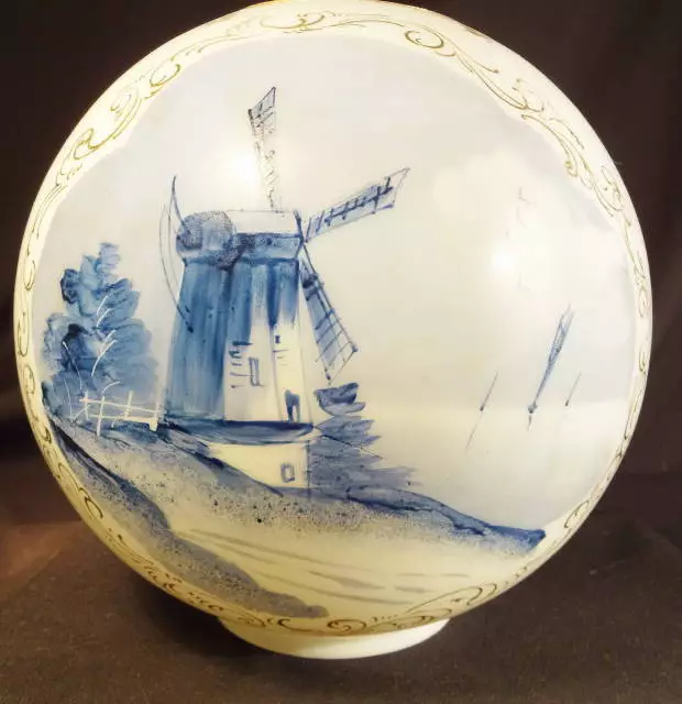 1880's Mt Washington Blue Delft Scenic Decorated Kero Oil GWTW Parlor Ball Shade