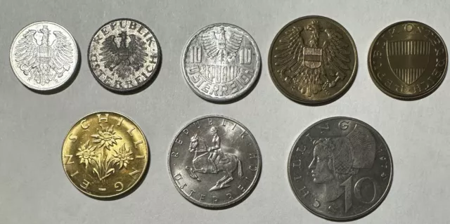 Austria Set of 8 Coins 2-50 Groschen, 1, 5, 10 Schilling UNC Set (Random Dates)