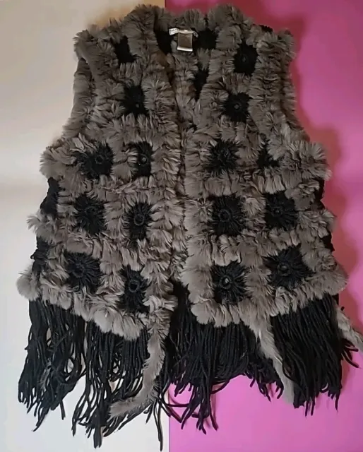 Alberto Makali part Rabbit Fur Crochet Vest/ Black, Gray w/ Fringes Size Medium