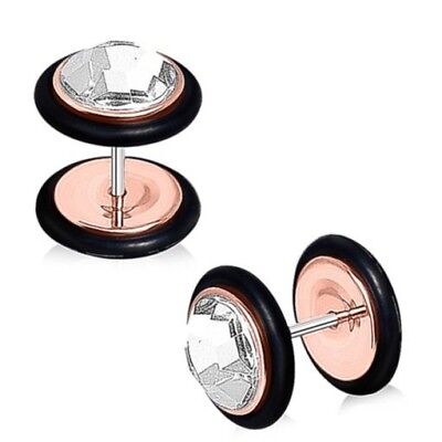 Clear Cz Bling Pair Of Fake Faux Plugs Cheater Gauges (Rose Gold-Tone Steel)