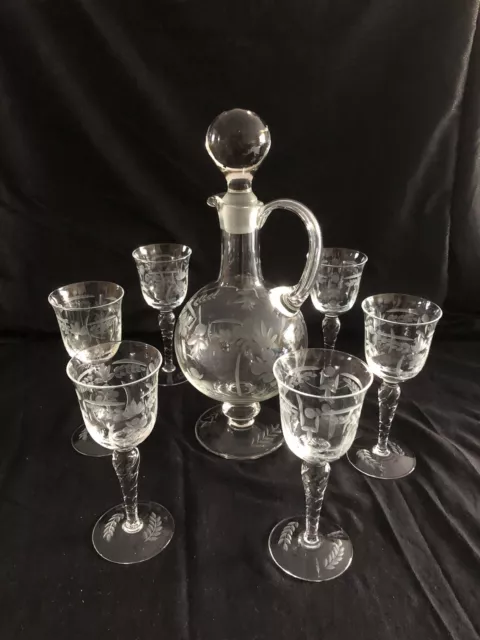 Service ancien vin Blanc / Porto carafe avec 6 verres en cristal gravé￼ 3