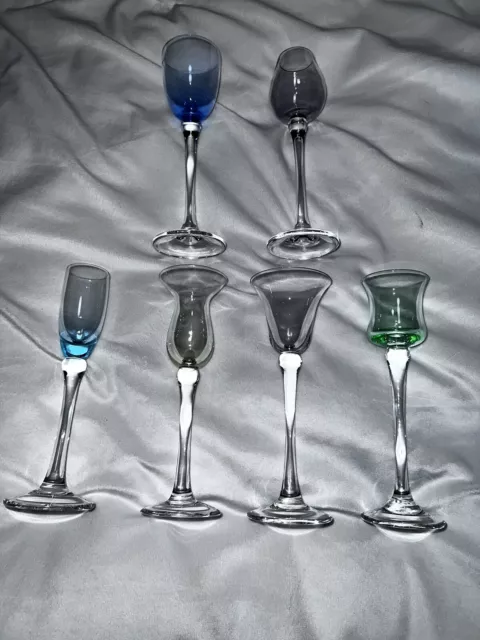 Cellini Set of 6 Blown Crystal Hand decorated Long Stem colored glasses cordial