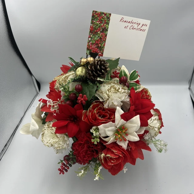 Quality Artificial Christmas  Arrangement Grave vase / Memorial / Crem Pot Red 2