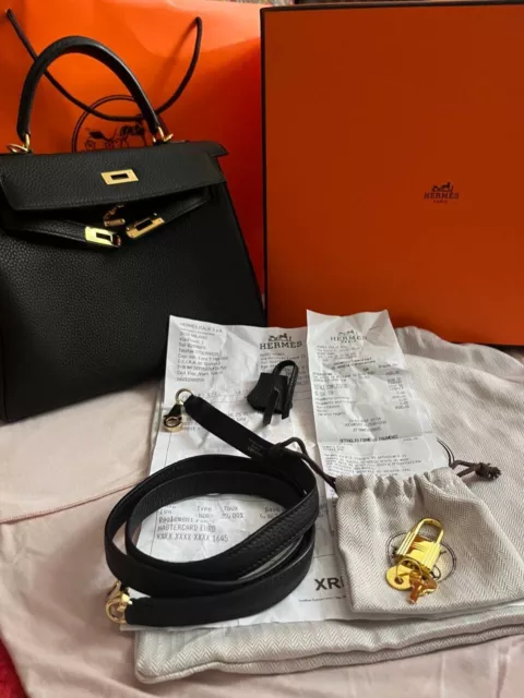 Hermès Togo Retourne Kelly 25 Noir Gold Hardware with Full Set Receipt And  BBB