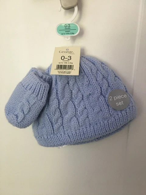 Baby Boys blue cable knit knitted hat and mittens set NEW size 0-3m infant