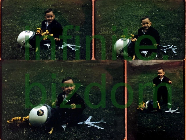 Toddler Boy w/ Dad's USAF Helmet, Toy Airplane 1957 Orig 35mm Kodachrome Slides