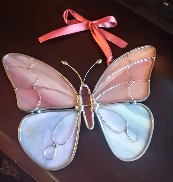 "Vidrieras MARIPOSA Suncatcher Hecho a Mano en EE. UU. ROSA y AZUL 4,5"" x 6"