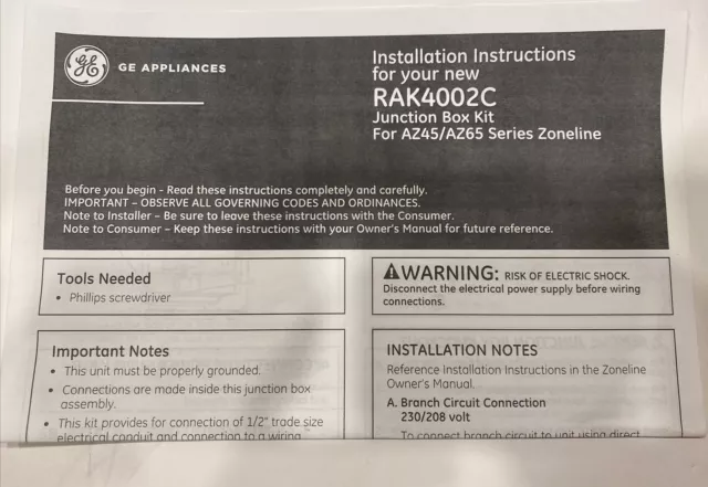 RAK4002C Junction Box Kit by GE Appliances Direct-Connect Power Supply - NEW 3