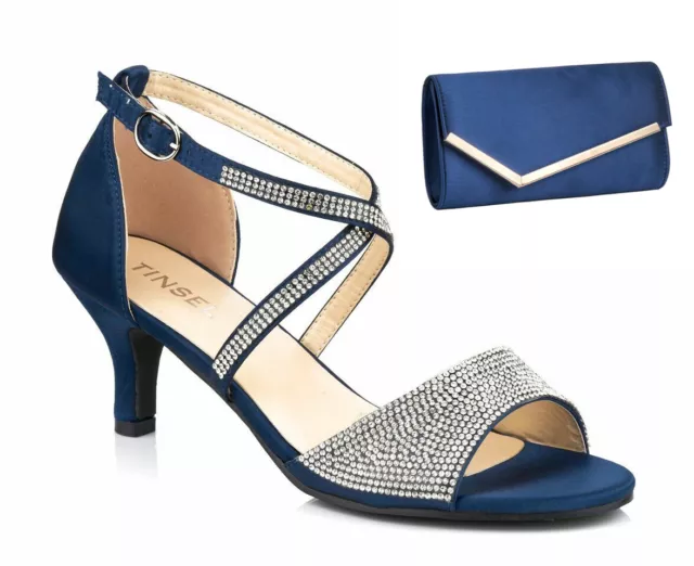 Ladies Diamante Mid Strappy Peep Toe Sandals With Matching Clutch/Shoulder Bag