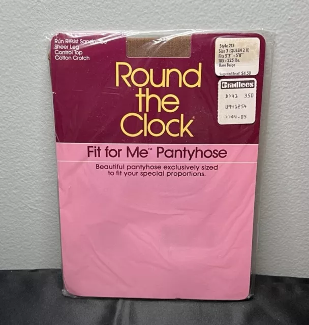 Vtg Round the Clock Fit For Me Pantyhose Control Top Bare Beige, Sz 3 (Queen 2X)