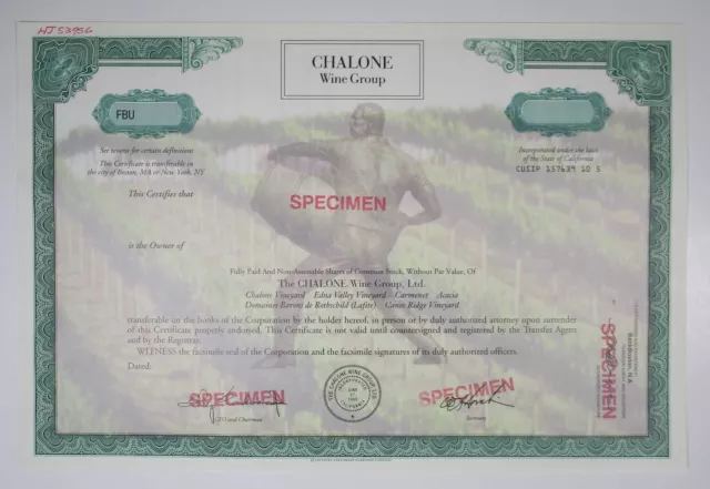 Chalone Wine Group, Ltd., Specimen Stock Certificate