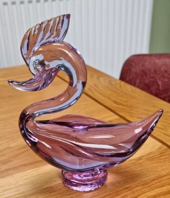 VINTAGE MURANO STYLE AMETHYST ART GLASS CRESTED BIRD FIGURE PAPERWEIGHT 17.5 cm