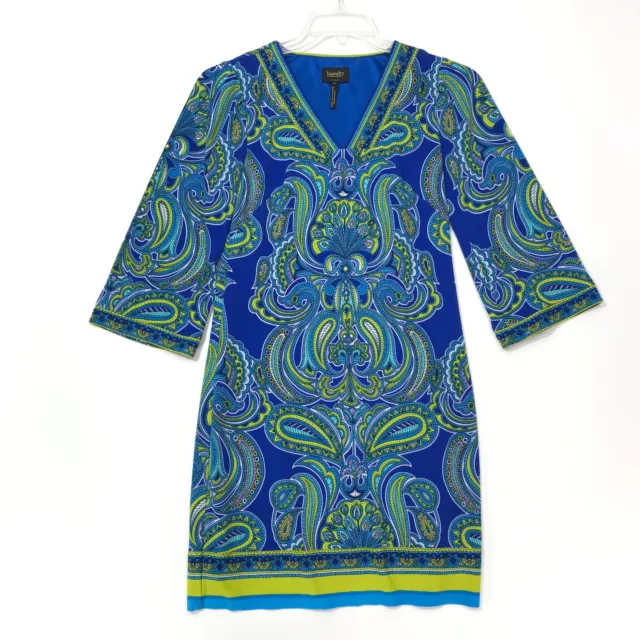 Laundry by Shelli Segal V Neck Shift Dress Womens XS Blue BOHO 3/4 Sleeve