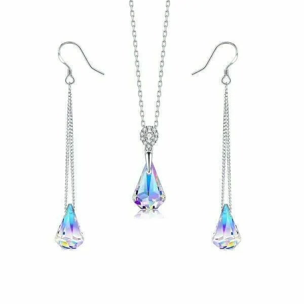 925 Silver Cubic Zirconia Drop Earrings Necklace Rings Women Wedding Jewelry Set