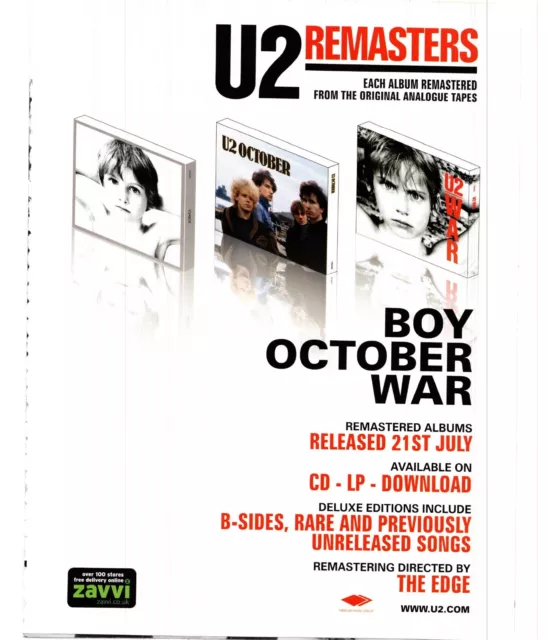 (Wor4) Magazine Advert 12X9" U2 : War, October, Boy. Remasters
