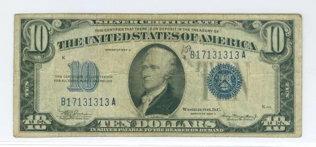 1934-A $10 United States Silver Certificate Fr 1702 Fancy Repeater Serial