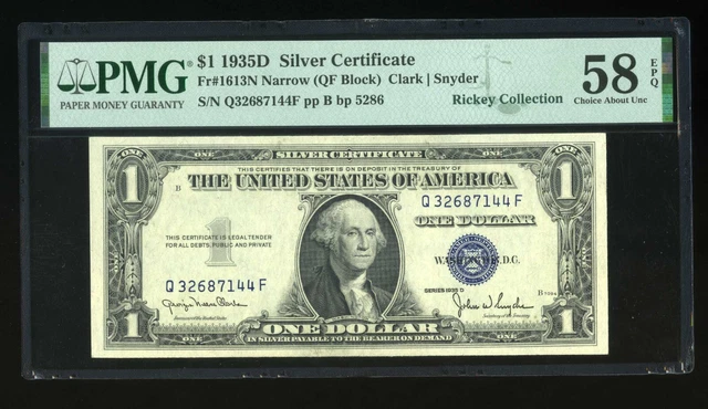 DBR 1935-D $1 Fr. 1613N Narrow QF Block PMG 58 EPQ Serial Q32687144F