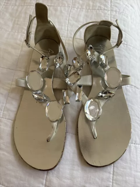 Guiseppe Zanotti White Silver Crystal Flat Sandals 39.5