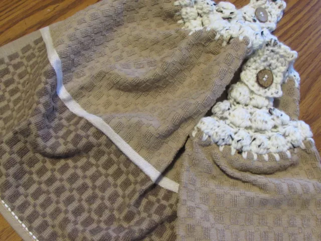 2 Hanging Kitchen Dish Towels Cream Tan Brown Set Crochet Tops Handmade