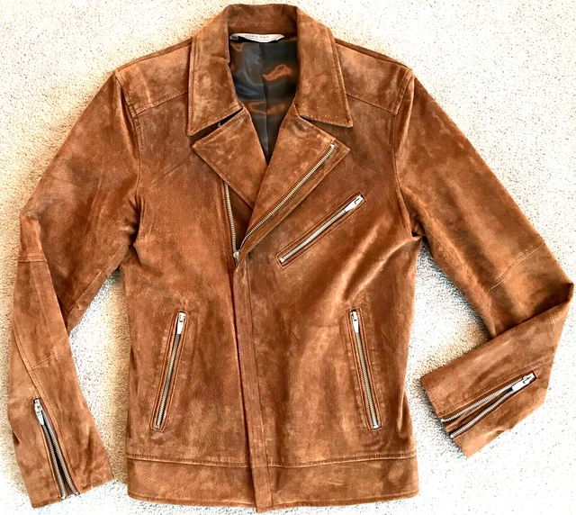 Zara Man Cognac Tobacco Genuine Suede Pig Leather Biker Moto Jacket Small S