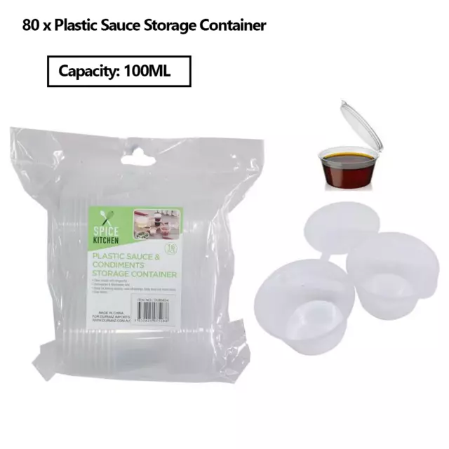 80 x Disposable Plastic Sauce Container Hinged Lid Clear Pot Cups Takeaway 100ml