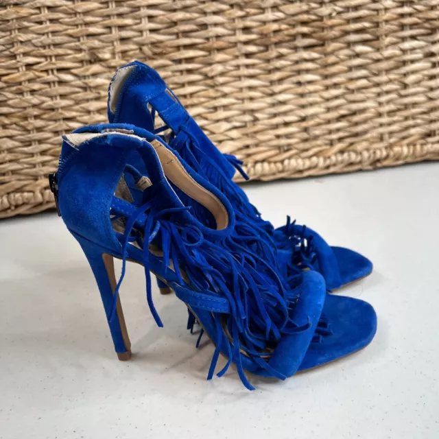 Steve Madden Women's Suede Leather Fringly Sandal Royal Blue Size 6.5M 2