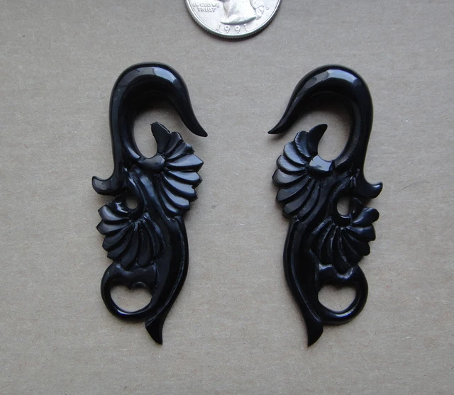 Pair Organic Carved Horn Tribal Floral Spirals Hanging Flower Ear Taper Plugs
