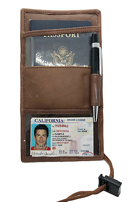 Brown Genuine Leather Passport Holder Boarding Pass Travel Lanyard Wallet