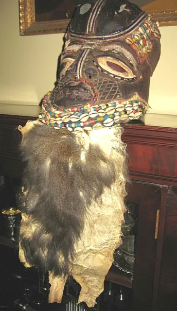 Antique Quality Carved African Tribal Kuba Bwoom Mask Helmet Fur Beard&Leather