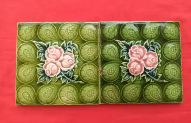 2 Piece Old Art Deco Floral Design Embossed Majolica Ceramic Tiles England 0262