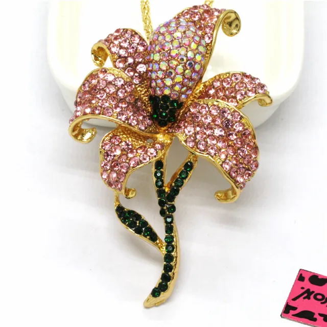 Betsey Johnson Pink Bling Flower Rhinestone Crystal Pendant Chain Necklace