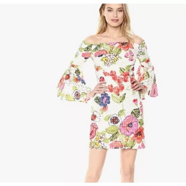 NWT Trina Turk floral off the shoulder lace lined dress, bell sleeves, women’s s