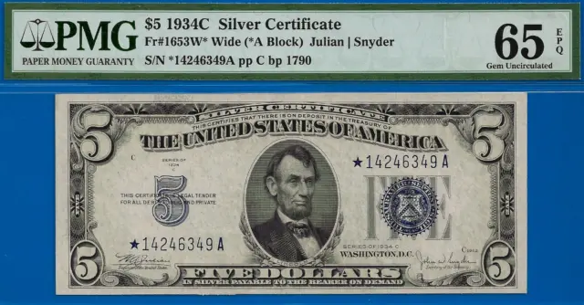 1934C $5 Silver Certificate PMG 65EPQ wanted popular blue seal star Fr 1653W*