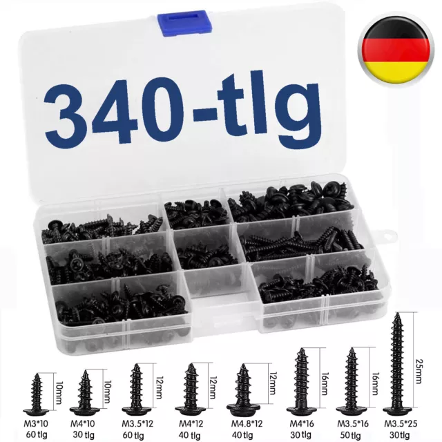 340 x Linsen-Blechschrauben Sortiment Schwarz Schrauben Set