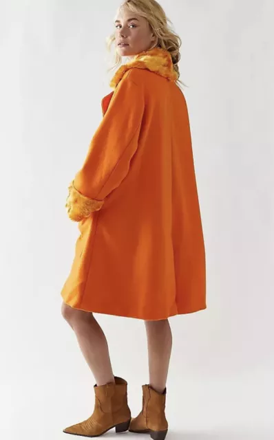 Free People Roxy Wool Coat Fur Collar Trim Front Pockets Oversized Orange M NWT 3