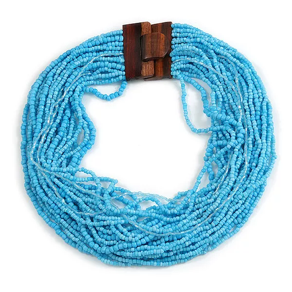 Multistrand Glass Bead Necklace with Wood Closure/ Light Blue - 60cm Long