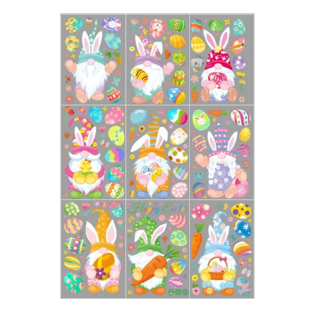 9 Sheets Bunny Gnome Window Cling Wall Stickers Decal Happy Easter Decorations