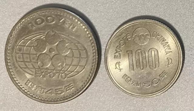 Japan Expo70 Osaka (Year 45) And Expo75 Okinawa (Year 50) 100 Yen Coins Set