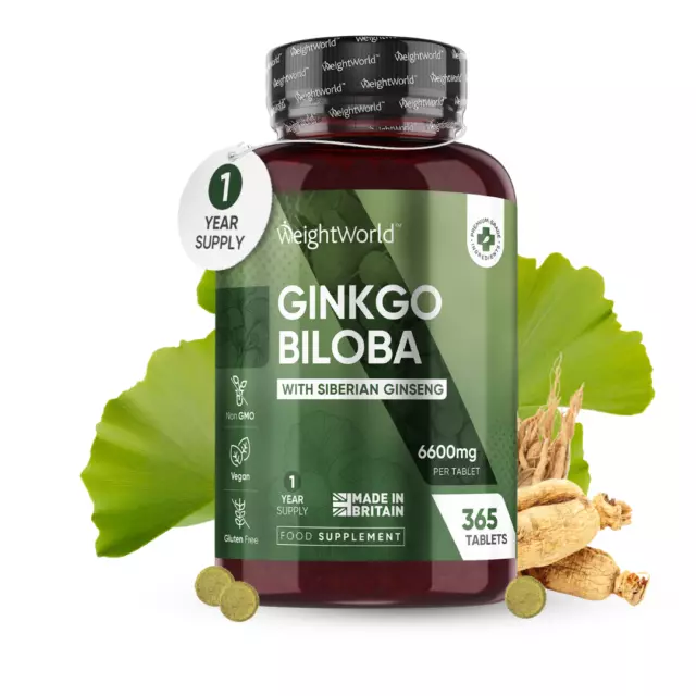 Ginkgo Biloba - 365 Tablets - 1 Year Supply - Siberian Ginseng - Vegan - 6000mg