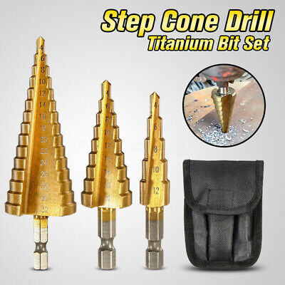 3Pcs 4-12/20/32mm Step Titanium Cone Drill Hole Cutter Bit HSS Set Tool + Pouch