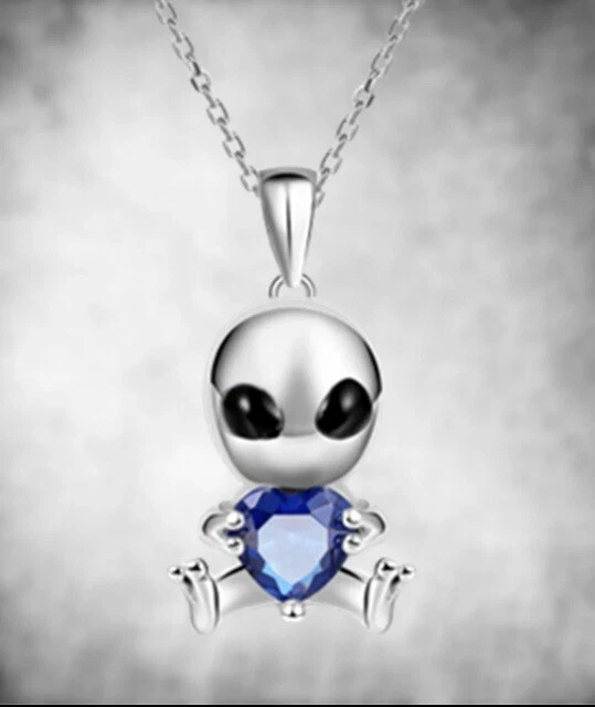Alien Holding a Blue Love Heart Hanging Pendant Necklace & Gift Bag Silver  Tone