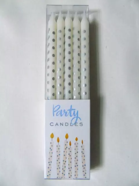 Pack of 10 Silver Polkadot Party Candles w/ Holders ~ Retro ~ Extra Long